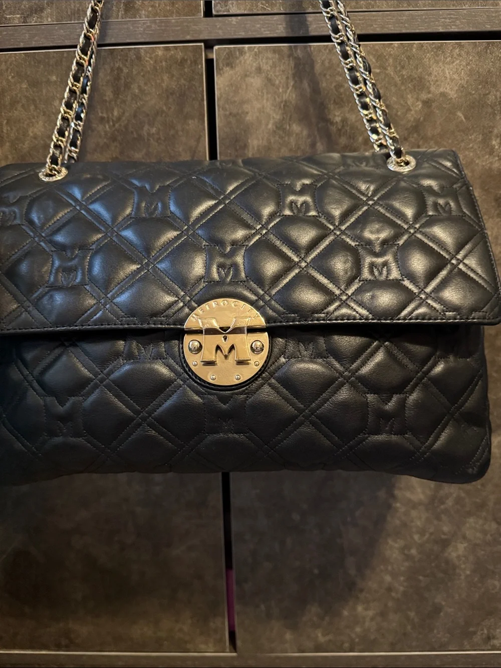 Black Quilted Shoulder Bag with Chain Strap